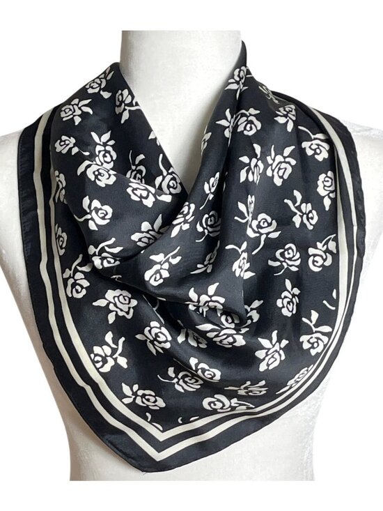 Accessories - Vtg Black Floral Scarf 24" Square Floppy Acetate Classic Capsule Preppy Womens